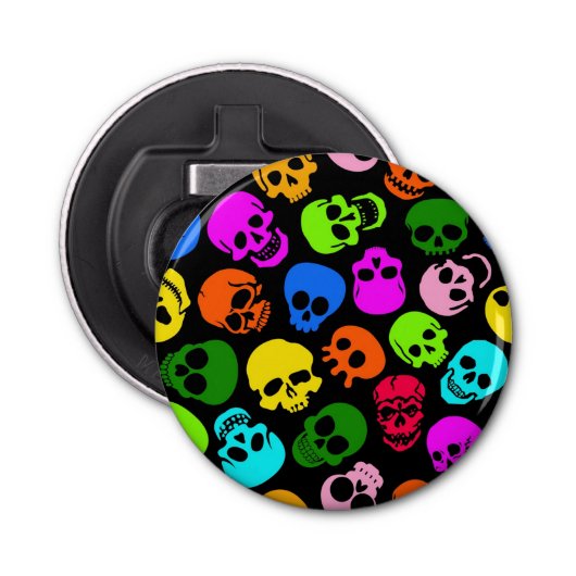Kleurig Skulls-patroon in zwart Button Flesopener (Voorkant)
