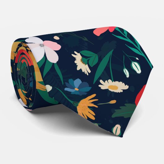 kleurig Wild Flowers Navy Blue Design Stropdas (Opgerold)