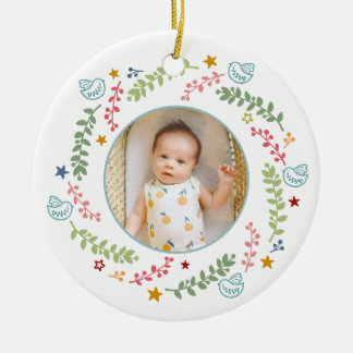 Kleurige baby's eerste kerstfoto keramisch ornament