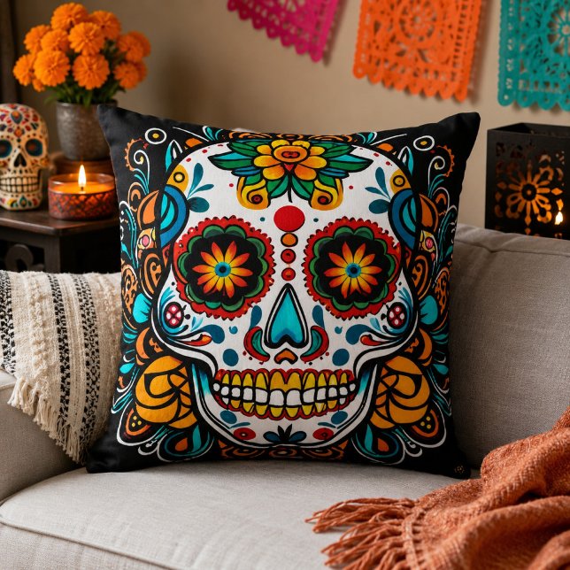Kleurige Suiker Schedel Dag van de Doden Mexicaans Kussen (Creator heeft geüpload)