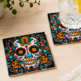Kleurige Suiker Schedel Día de los Muertos Glazen Onderzetter