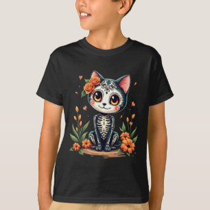 Kleurige Suiker Schedel Kat Mexicaanse Halloween T-shirt