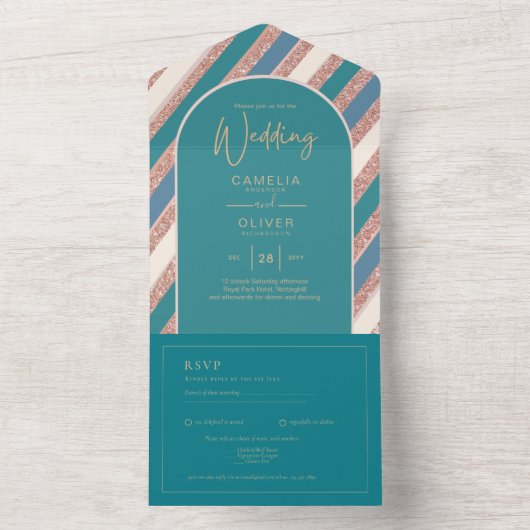 Kleurpalet Teal Champagne Roze Goud Bruiloft All In One Uitnodiging (Binnen)