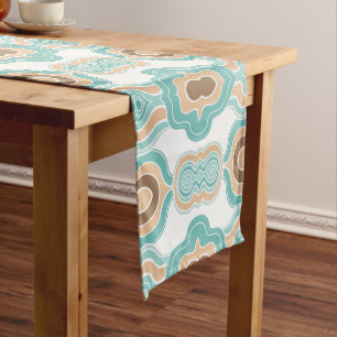 Kleurrijk abstract blauw/bruin/geelbruin medaillon lange tafelloper