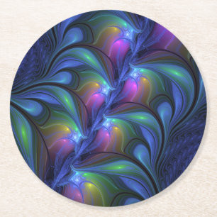 Kleurrijk Abstract blauw roze groen fractal Ronde Kartonnen Onderzetter
