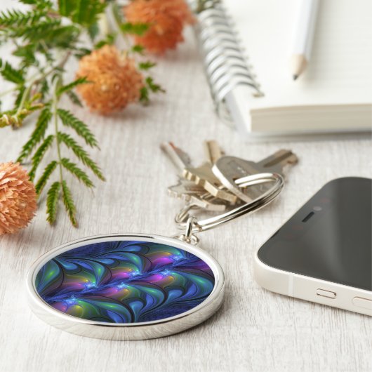 Kleurrijk Abstract blauw roze groen fractal Sleutelhanger (Zijkant)