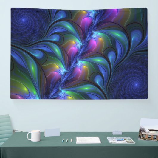 Kleurrijk Abstract blauw roze groen fractal Spandoek (Beurs)
