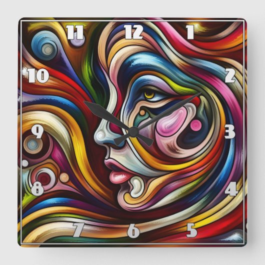 Kleurrijk Abstract portret met dynamische wervelin Vierkante Klok (Voorkant)