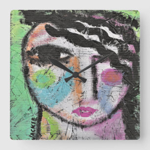 Kleurrijk Abstract Portret van een Vrouw Vierkante Klok