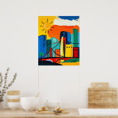 Kleurrijk Abstract stadsbeeld met zon en brug Poster (Keuken)