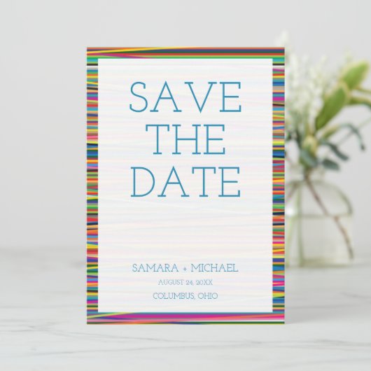 Kleurrijk abstract streepjesontwerp sparen de datu save the date (Staand voorkant)