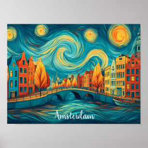 Kleurrijk Amsterdam Holland Kanaal Olie Schilderij Poster