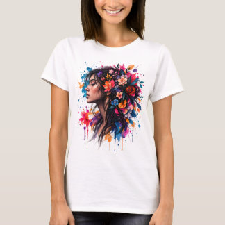 Kleurrijk Aquarel Bloemige Vrouw Kunst T-shirt