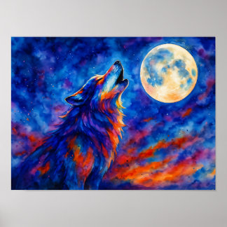 Kleurrijk Aquarel Huilende Wolf & Volle Maan Poster