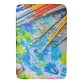 Kleurrijk artistiek palet en penselen, uniek grapp badmat (Voorkant Verticaal)