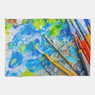 Kleurrijk artistiek palet en penselen, uniek grapp theedoek