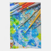 Kleurrijk artistiek palet en penselen, uniek grapp theedoek (Verticaal)