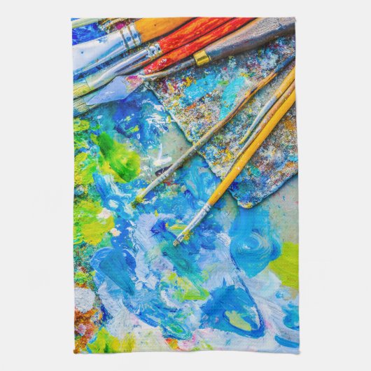 Kleurrijk artistiek palet en penselen, uniek grapp theedoek (Verticaal)
