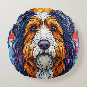 Kleurrijk artistiek portret van een hond rond kussen