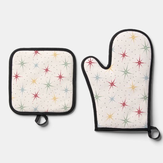 Kleurrijk Atomic Starburst Patroon Midden-eeuw Ovenwant & Pannenlap Set (Voorkant)