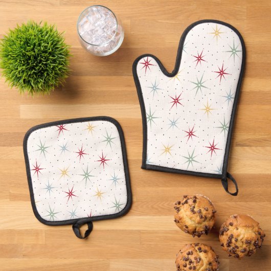 Kleurrijk Atomic Starburst Patroon Midden-eeuw Ovenwant & Pannenlap Set (Top down)