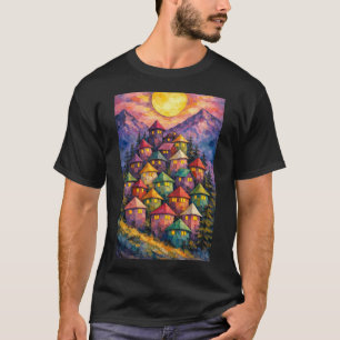 Kleurrijk Bergdorp – Levendig Abstract Landschap T-shirt