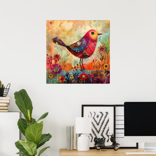 KLEURRIJK BIRD MIXED MEDIA POSTER (Thuiskantoor)
