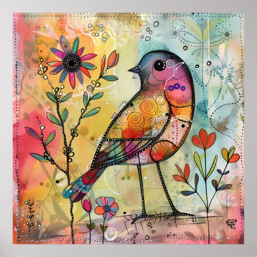 KLEURRIJK BIRD MIXED MEDIA POSTER (Voorkant)