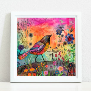 KLEURRIJK BIRD MIXED MEDIA POSTER