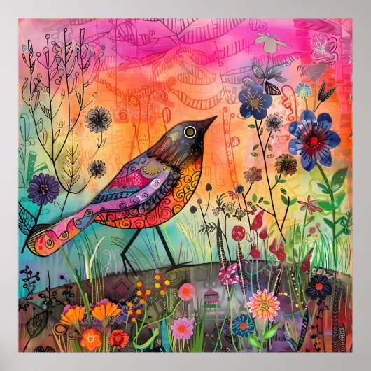 KLEURRIJK BIRD MIXED MEDIA POSTER (Voorkant)