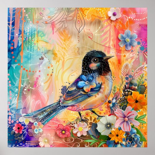 KLEURRIJK BIRD MIXED MEDIA POSTER (Voorkant)