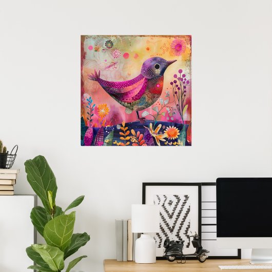 KLEURRIJK BIRD MIXED MEDIA POSTER (Thuiskantoor)