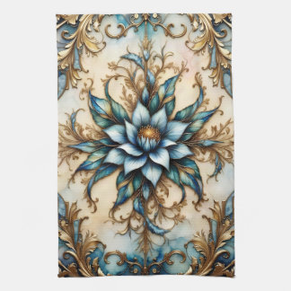 Kleurrijk Blauw bloemmotief en Gouden Bladeren Theedoek