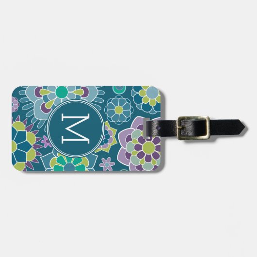 Kleurrijk Blauw Bloempatroon Custom Monogram Bagagelabel (Voorkant horizontaal)