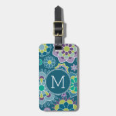 Kleurrijk Blauw Bloempatroon Custom Monogram Bagagelabel (Voorkant verticaal)
