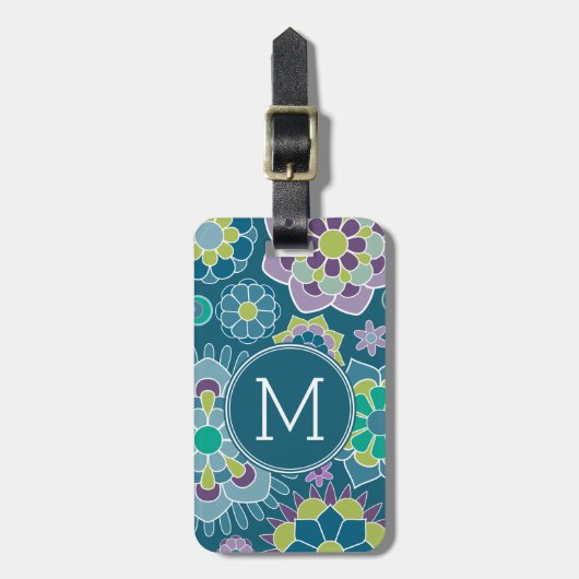 Kleurrijk Blauw Bloempatroon Custom Monogram Bagagelabel (Voorkant verticaal)