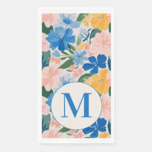 Kleurrijk Blauw Lentebloem Waterverf Monogram Servet