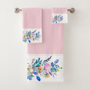 Kleurrijk bloemboeket & roze strepen bad handdoek