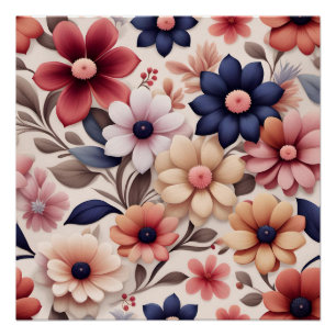 Kleurrijk bloemen- en bladerenpatroon roze perfect poster