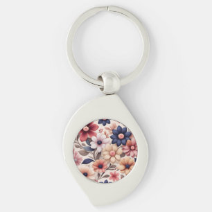 Kleurrijk bloemen- en bladerenpatroon roze sleutelhanger