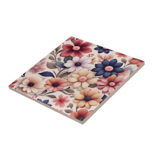 Kleurrijk bloemen- en bladerenpatroon roze tegeltje
