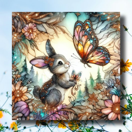 Kleurrijk Bloemen Glas in lood Konijntje Paasfeest Feestdagenkaart