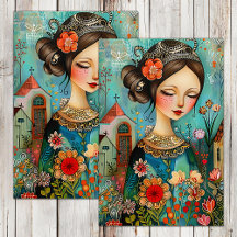 KLEURRIJK BLOEMENMEISJE IN LENTE TUIN DECOUPAGE