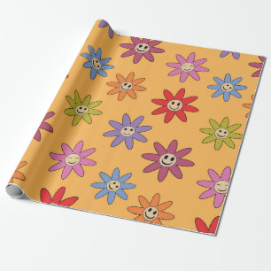 Kleurrijk Bloemenpatroon met Glimlach op Oranje Cadeaupapier