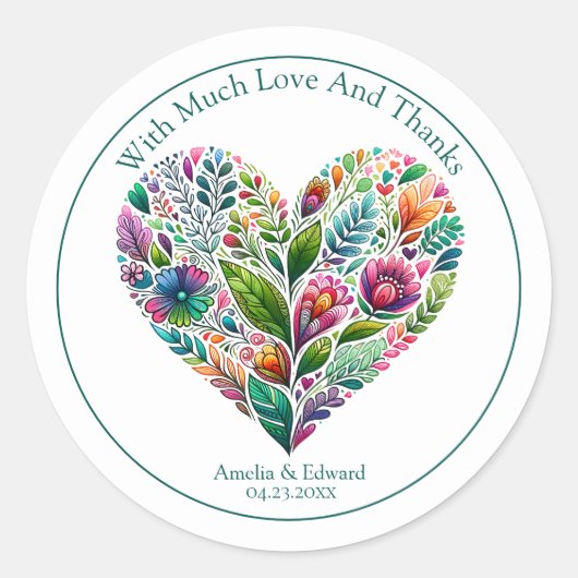 Kleurrijk Bloemhart "Dank je" Favor Ronde Sticker (Voorkant)