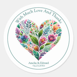 Kleurrijk Bloemhart "Dank je" Favor Ronde Sticker