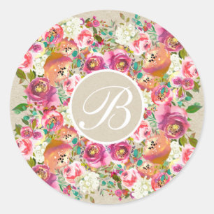 Kleurrijk Bloemig Landelijk Kraft Monogram Huwelij Ronde Sticker