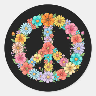 Kleurrijk Bloemig Vredesteken Hippie Retro Bloem Ronde Sticker