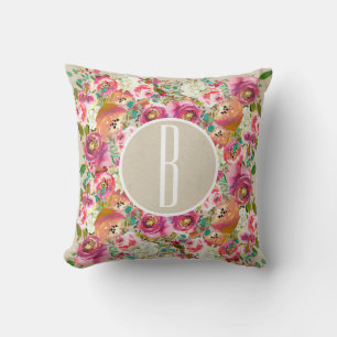 Kleurrijk bloemmotief met monogram in rustieke kra kussen
