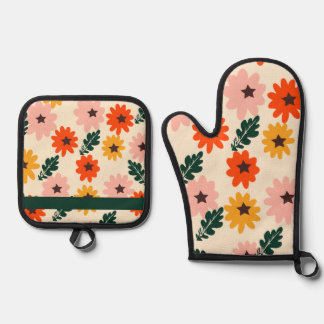Kleurrijk bloemmotief ovenwant & pannenlap set